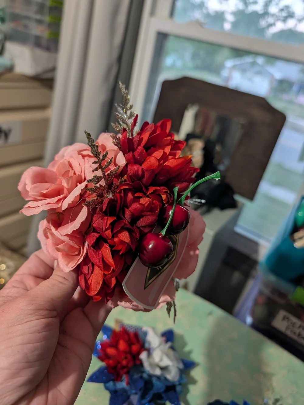 Cherry Accent Floral Hair Clip - Pink and Red